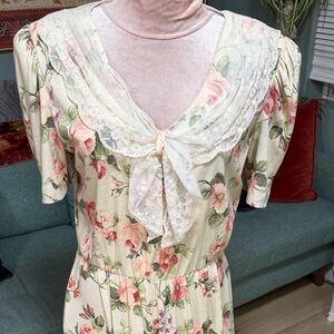 Vintage Expo Floral Preppy lace collar Midi Dress Pink & Cream 10